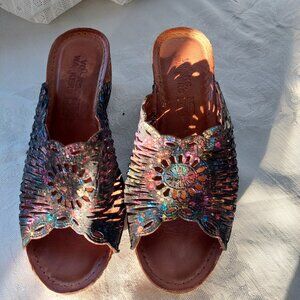 Volks Walkers Hand Made Leather Wedge Mule Sandals Women's Size 41/US 10